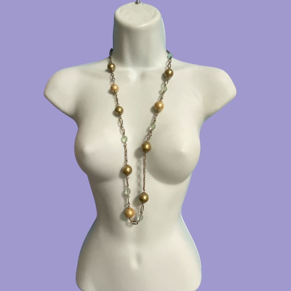Faux Pearl Glass Beads Silver Tone Chain Necklace